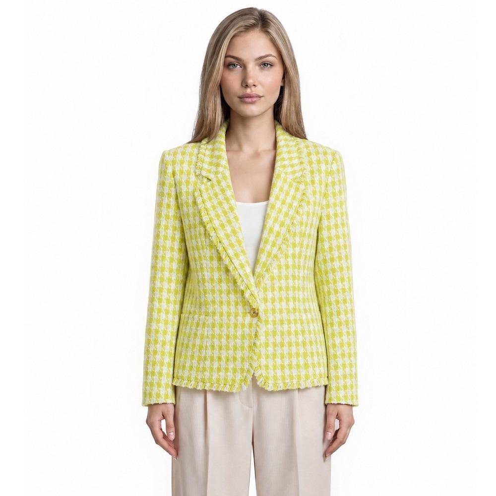 Nanette Lepore Tweed Blazer Women's Size XL Lime Green Houndstooth Jacket Fringe